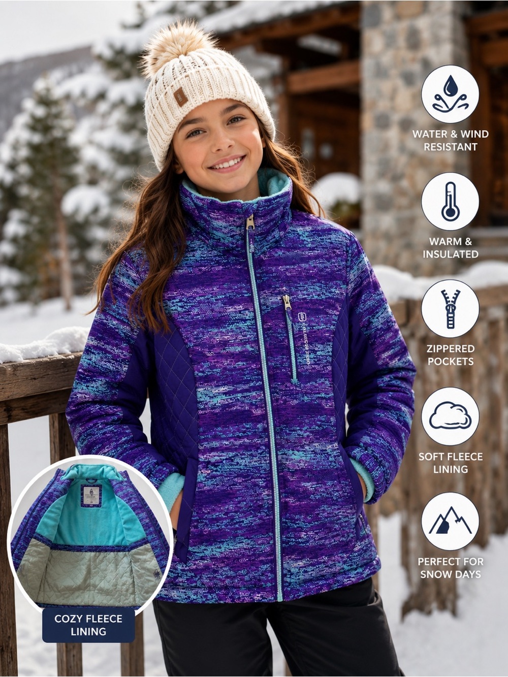 Free Country Girls Ski Jacket Purple Blue Fleece Lined Heavy Winter Coat M 10/12